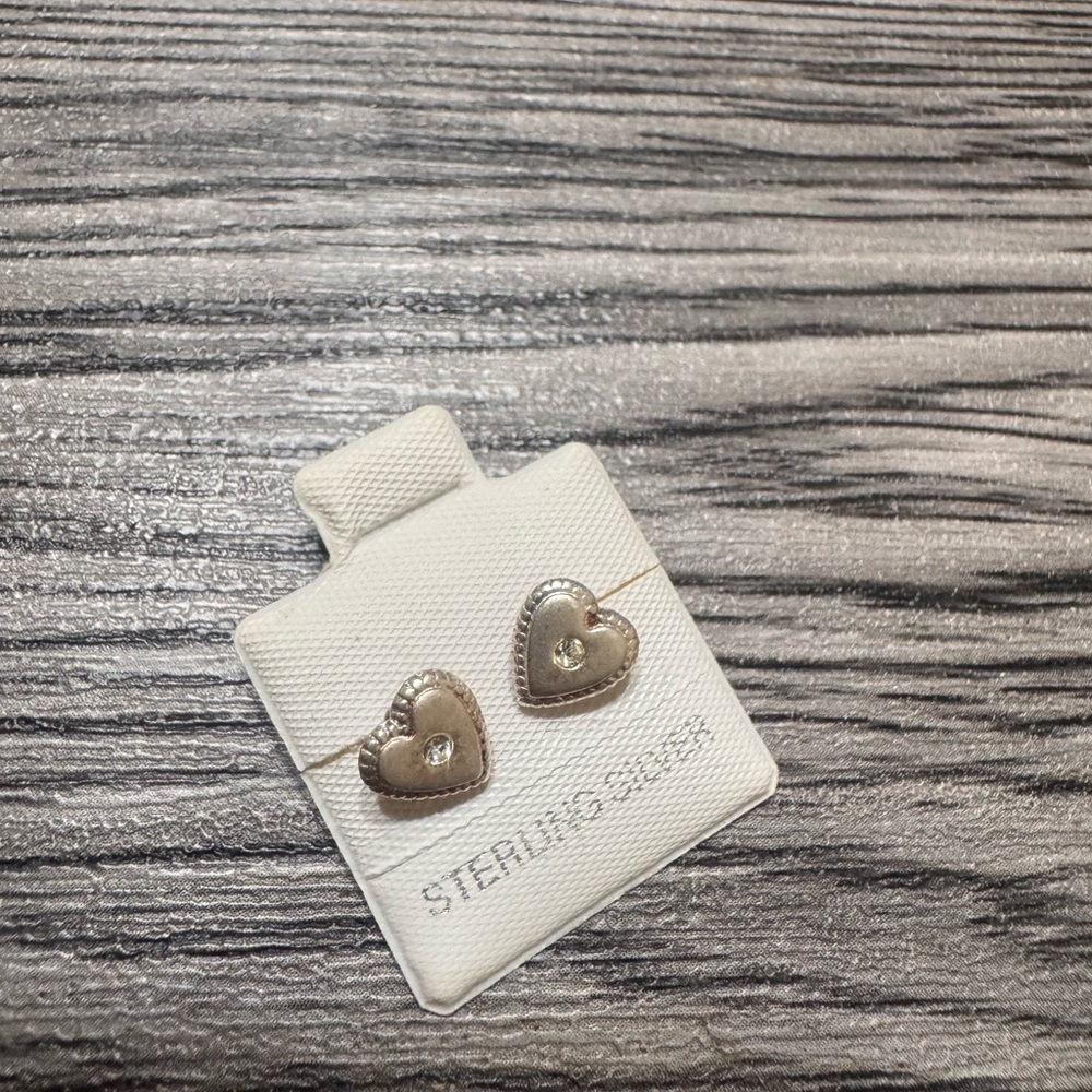 Sterling Silver Heart Stud Earrings with Crystal Accent - White